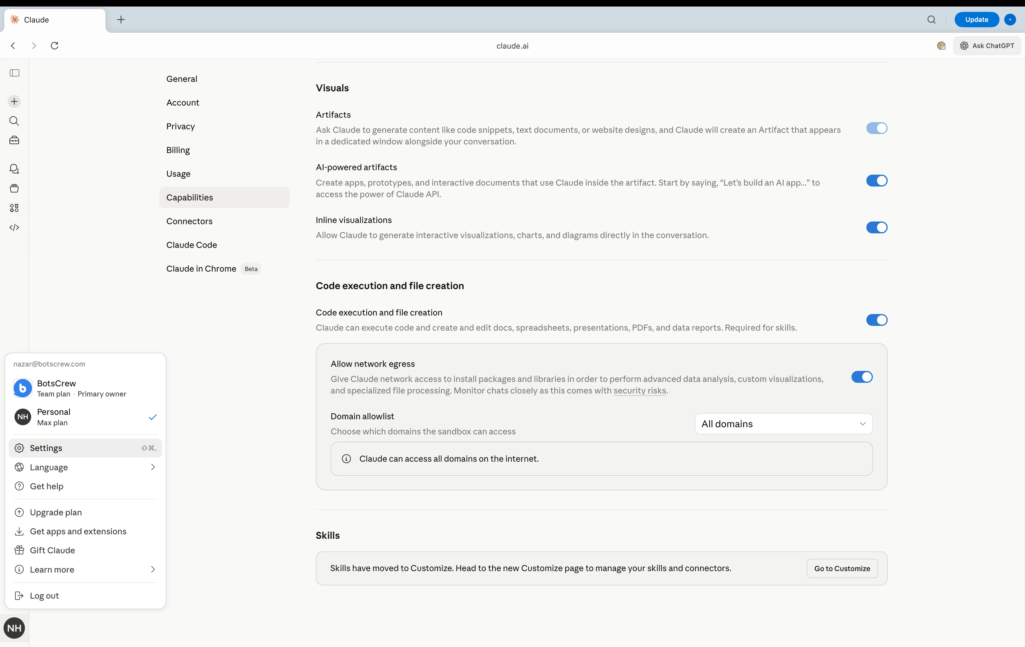 Claude Capabilities settings with network egress and domain allowlist