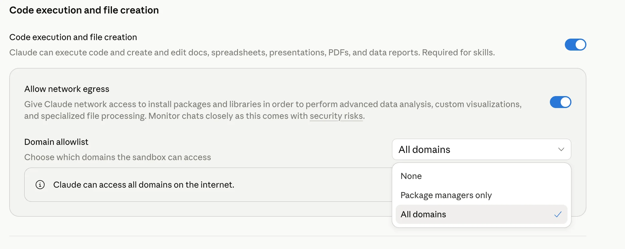 Domain allowlist dropdown set to All domains